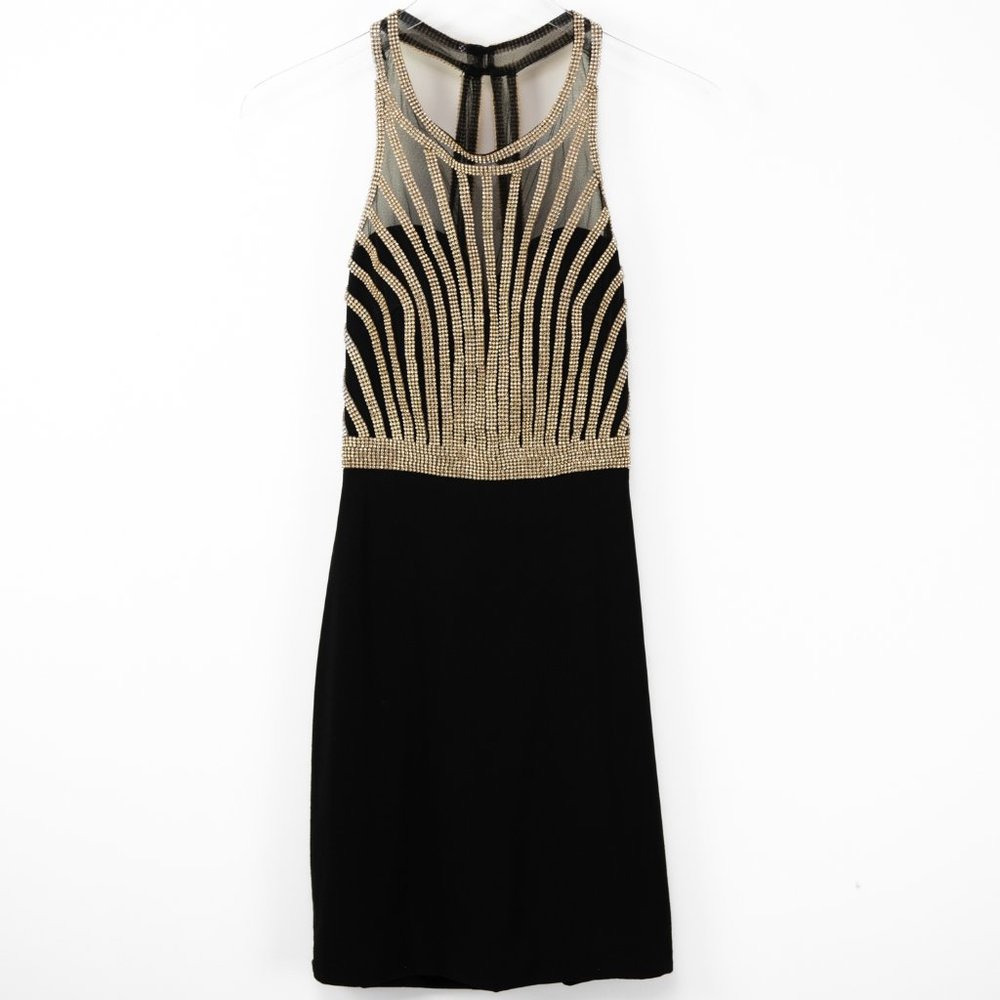 Abby Paris Cocktail Dress Evening Mini Rhinestones Homecoming Black Gold Size 4